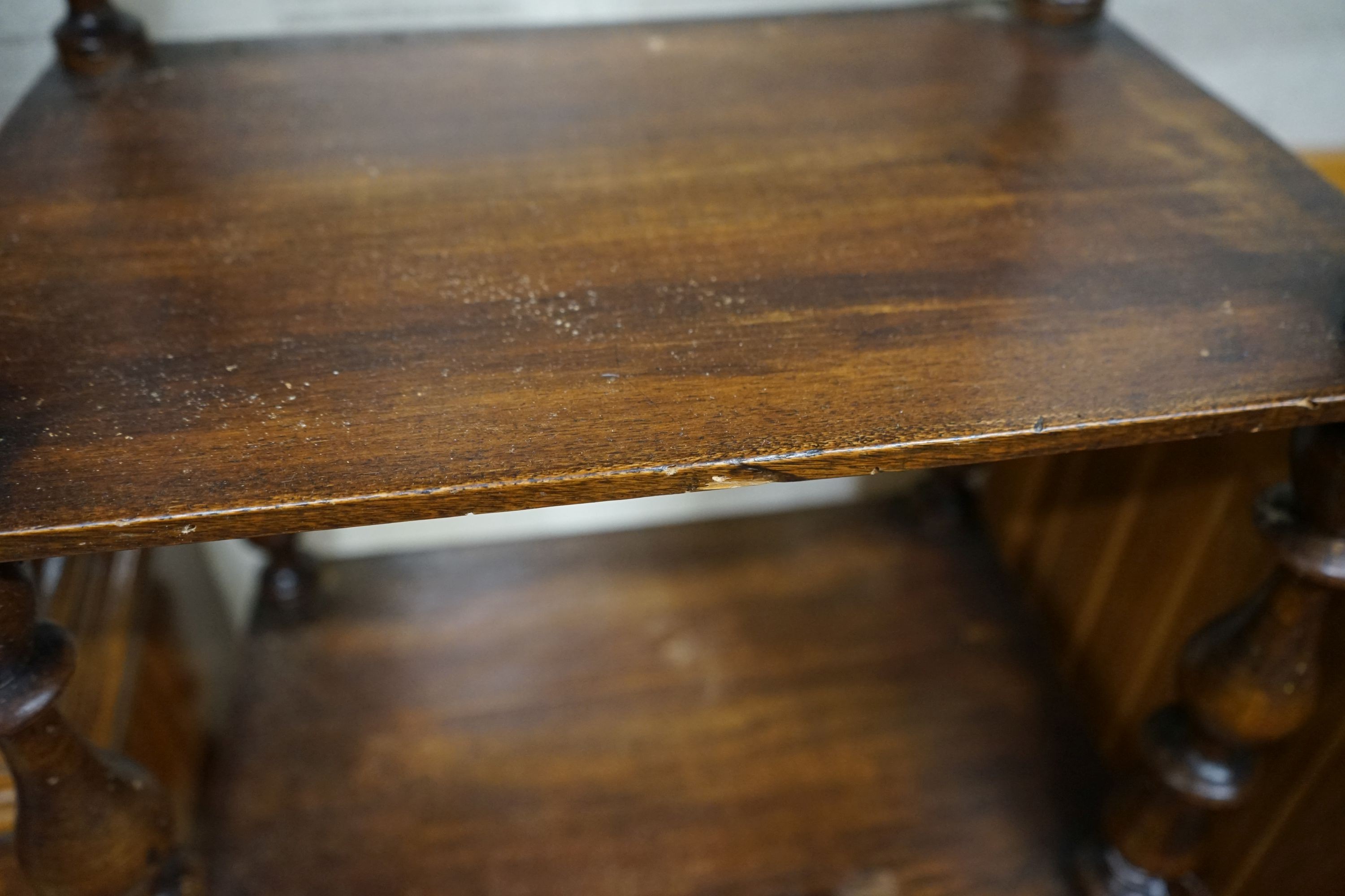A Victorian mahogany walnut four-tier whatnot, (severely wormed) width 44cm, depth 30cm, height 118cm